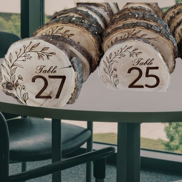 Rustic Wood Table Number(s) – Raw Edge Engraved Floral Disks for Events & Weddings
