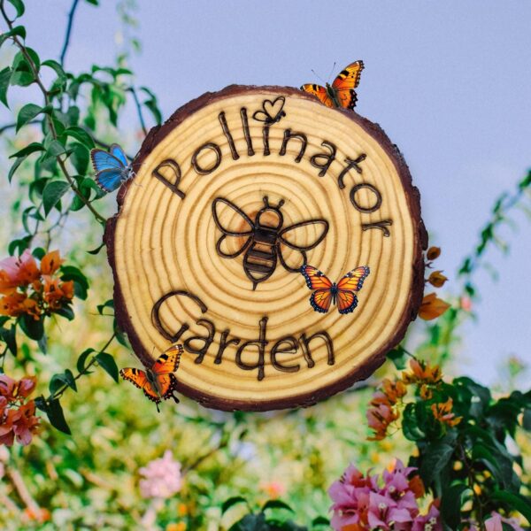 Eco-friendly pollinator yard sign - Custom Raw Edged Wooden Garden Decor Bee or Butterfly
