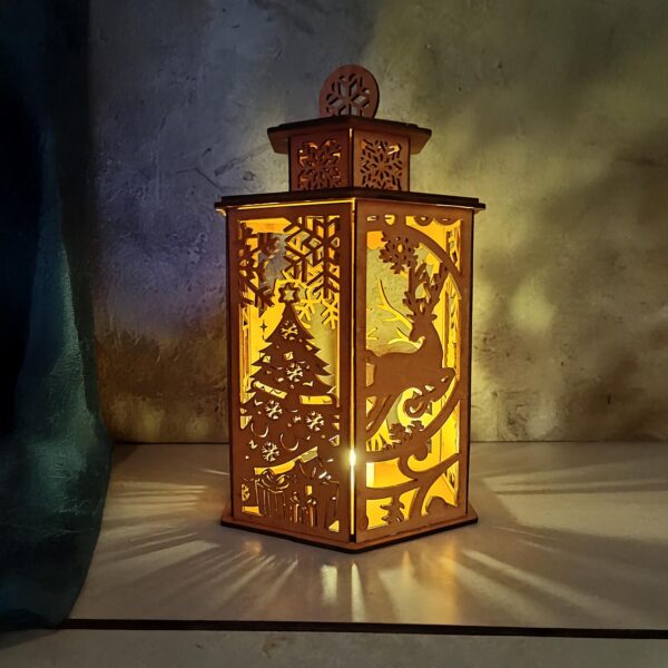 Wooden Christmas Lantern Centerpiece - Laser Engraved Holiday Decor